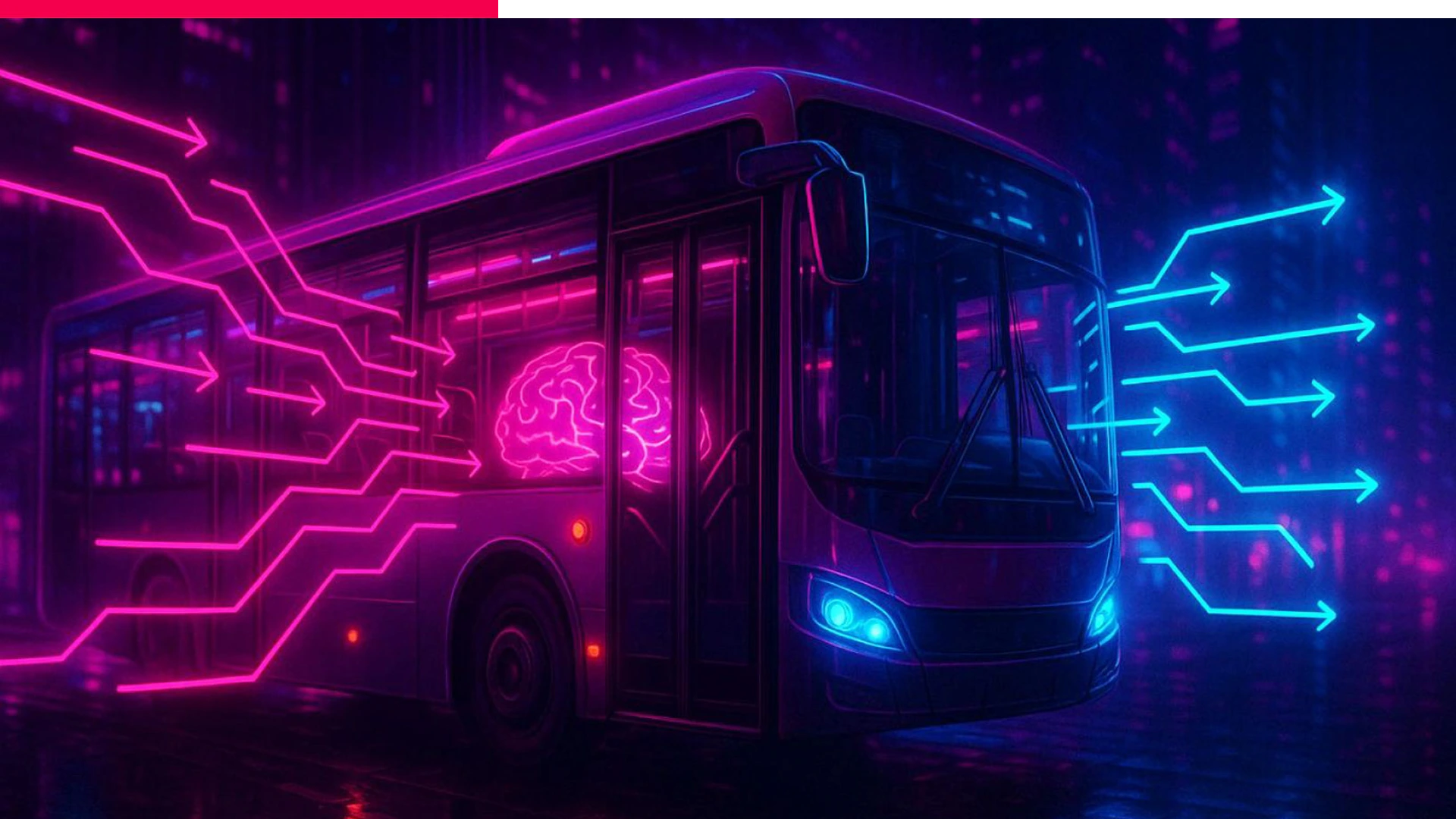 Futuristic bus illuminated with neon arrows and brain imagery, visualizing smart data processing and AI-driven fleet connectivity